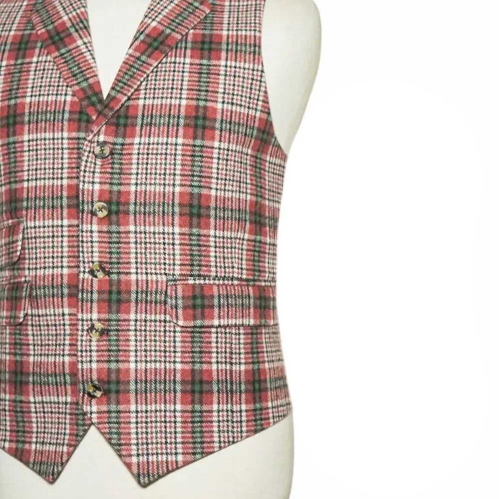 Mens 46R Wool Vest Red Green Cream Plaid Check Waistcoat Formal Casual Preppy